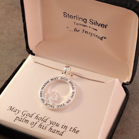 Sterling Openwork Four Leaf Clover God Inspiration Pendant Necklace - New in Box - Picture 3 of 5